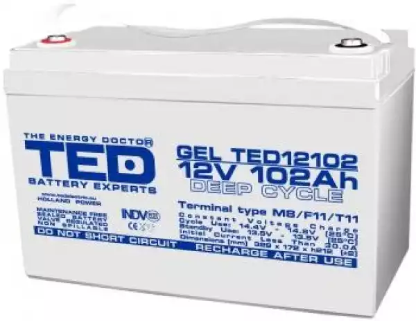 Оловна гелова батерия TED ELECTRIC, 12V, 102Ah, 330/ 173/ 220 mm AGM, За соларни системи