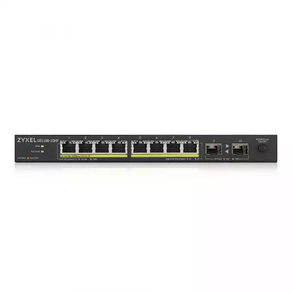 Суич ZYXEL GS1100-10HP, 8-портов, Gigabit, PoE, 2xSFP