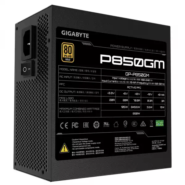 Захранващ блок Gigabyte P850GM, 850W, 80+ GOLD, Modular